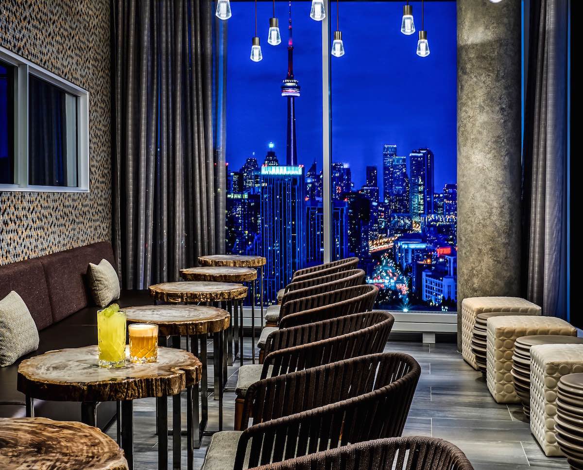 The view from the cocktail bar at Hotel X over the city of Toronto at night