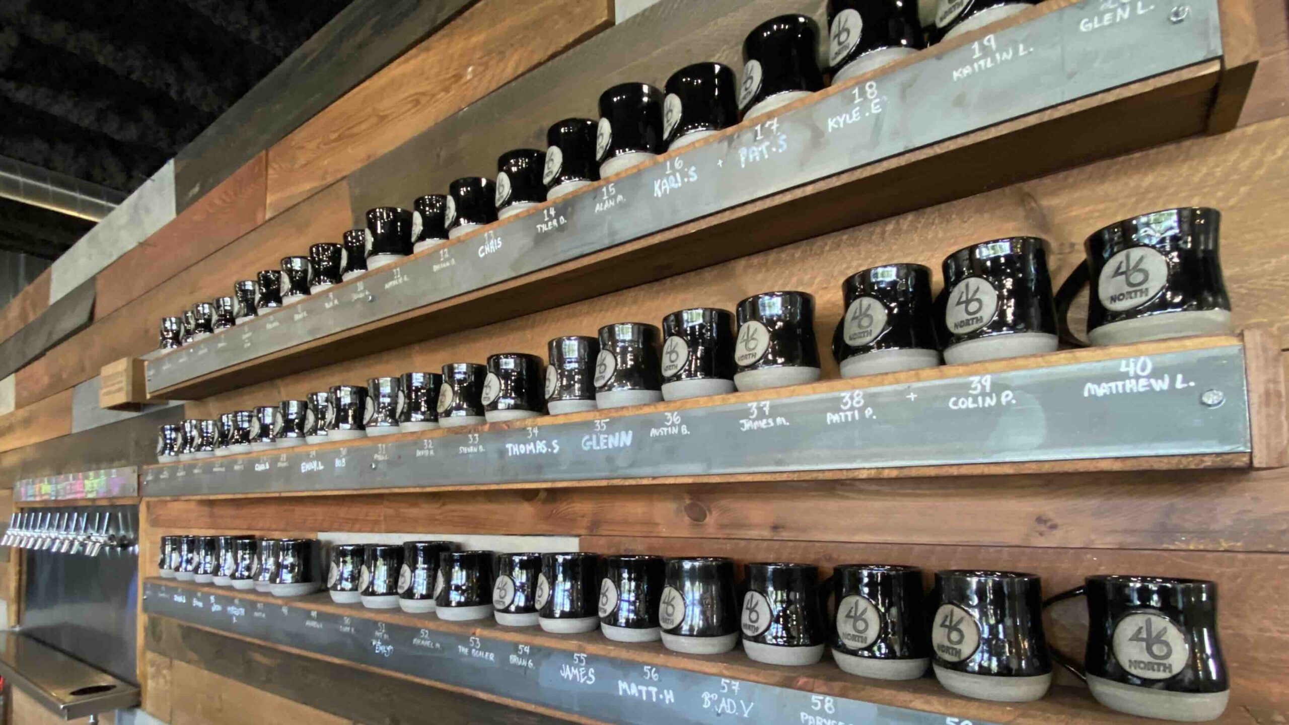 46 North Brewing in Sudbury wall of regular mugs