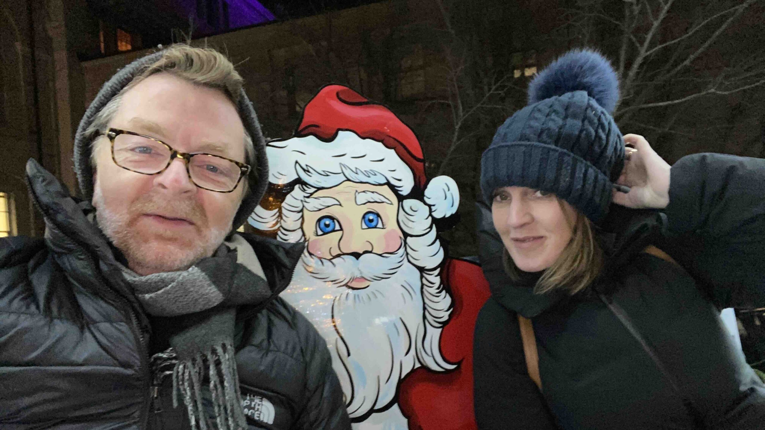 Kim Kerr and Bryan Dearsley in KIngston at Christmas with Sanata best winter getaways in Ontario