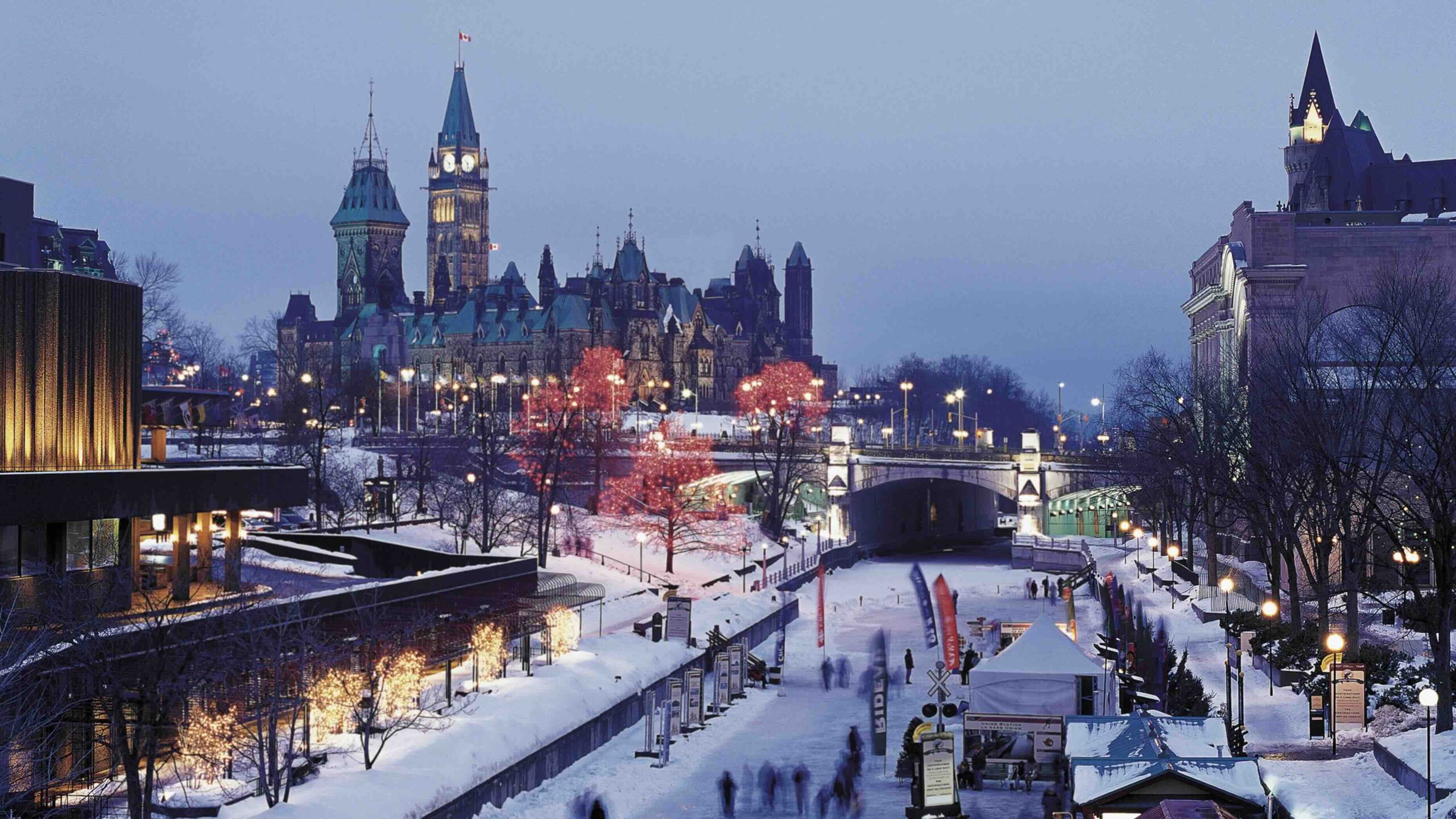 Rideau Canal Skateway at night with lights AT ONE OF THE BEST winter getaways in Ottawa